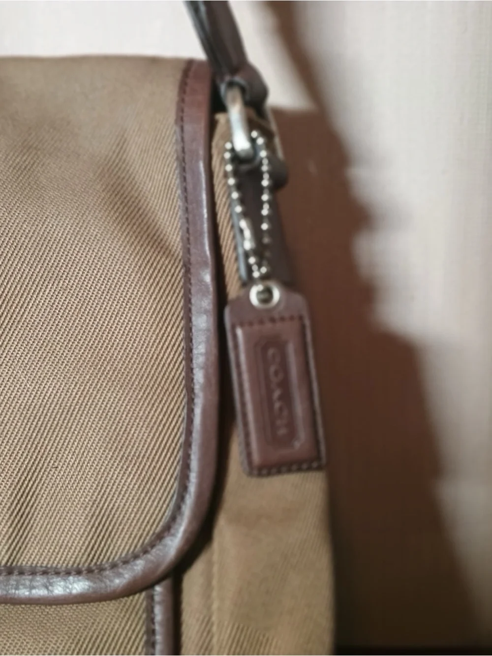 Coach Khaki Canvas Messenger Bag with Brown Trim